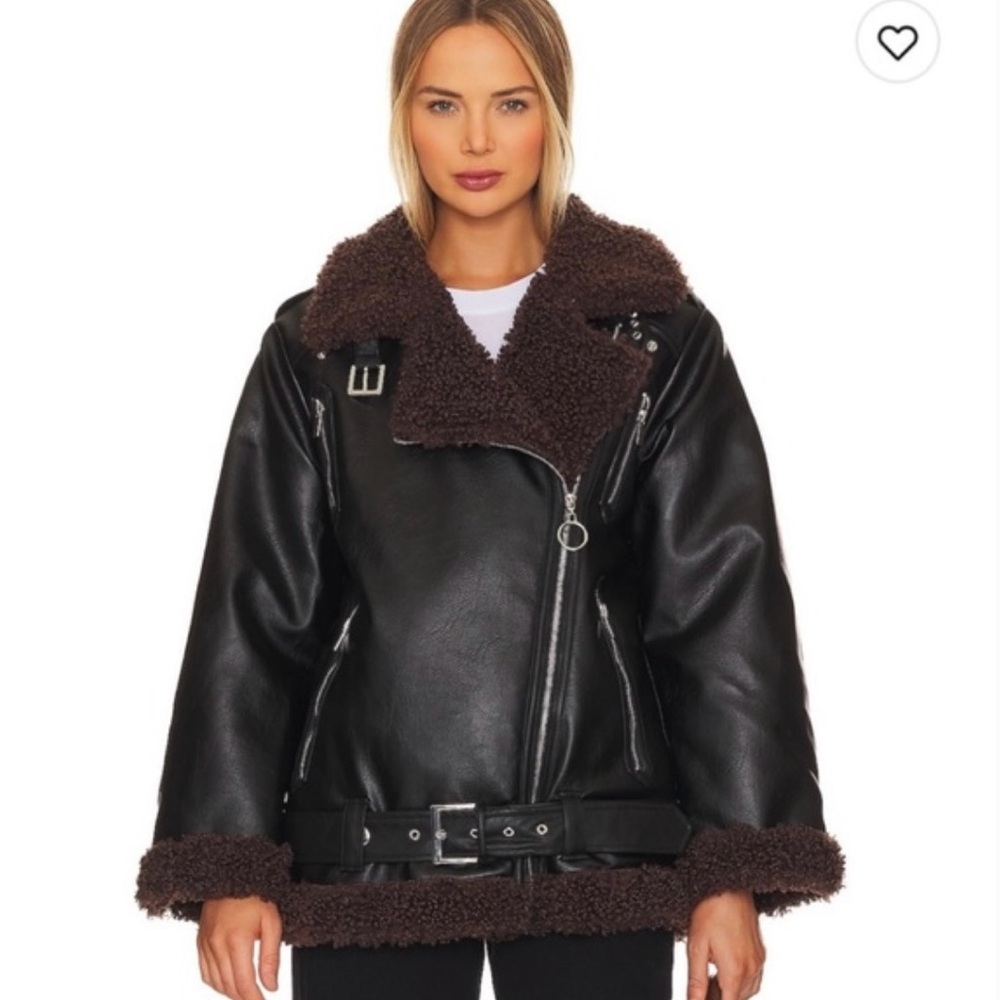 WeWoreWhat Black Faux Leather Jacket with Brown Shearling